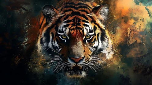 Tiger’s steady gaze in a storm of glowing jungle color.