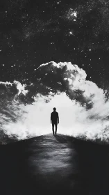 Silhouette walks toward luminous cosmic cloud horizon.