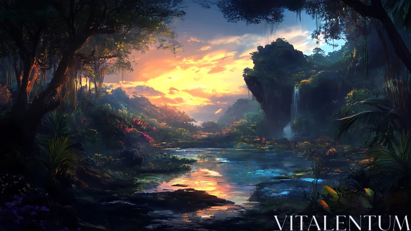 Sunset-lit hidden lagoon cradled by lush, dreamy jungle.