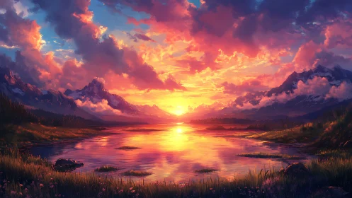 Sunset lake cradled by glowing mountains and wild meadows.