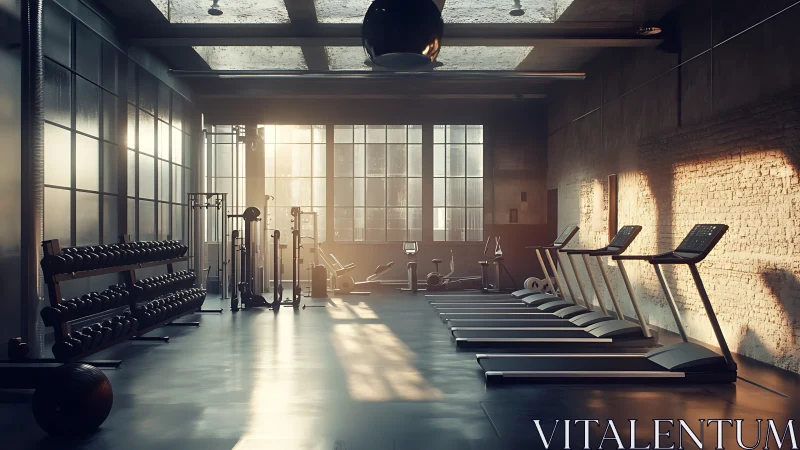 Photorealistic industrial gym interior with directional skylight composition.