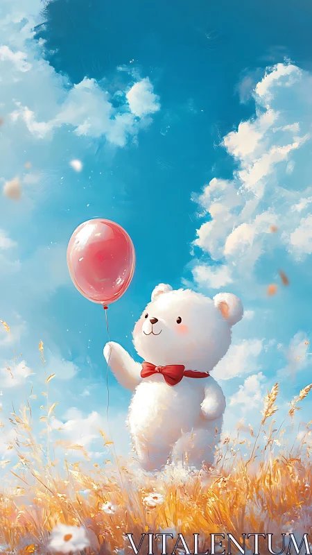Fluffy white bear with red balloon under luminous summer sky