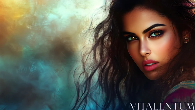 Radiant woman gazes softly from a dreamy colorful haze