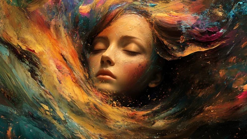 Dreaming face adrift in a swirling ocean of paint and light.