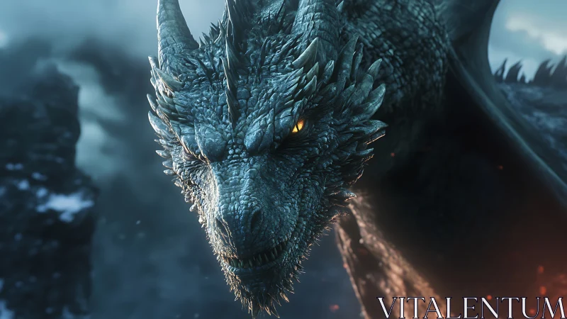 Cinematic ice dragon close-up with glowing amber eyes in flight