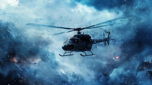 Military helicopter cuts through blizzard above burning ridge