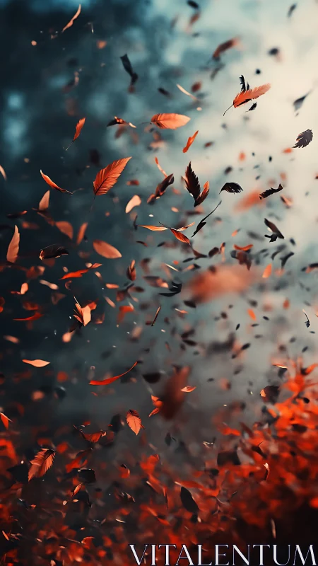 Autumn leaves suspended in dynamic mid-air motion with warm color palette