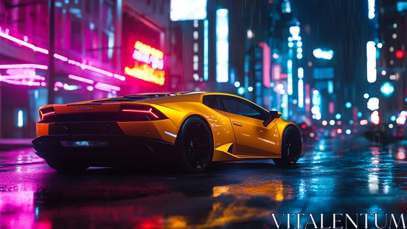 Golden supercar prowls neon city streets on rainy night