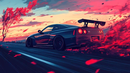 Midnight tuner skyline slicing through neon dusk embers.