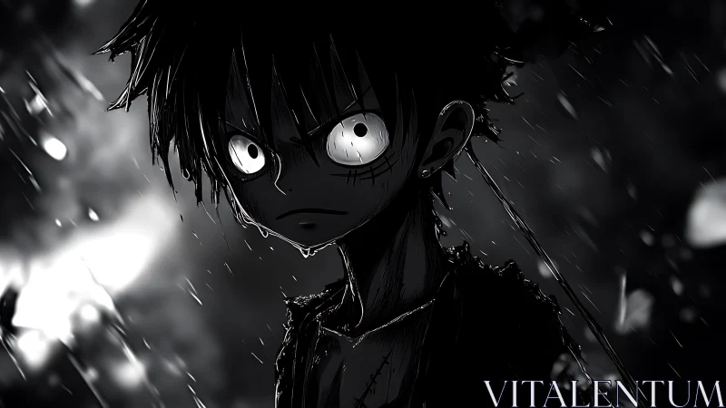 Noir-illuminated anime boy under dynamic rainfall lighting.