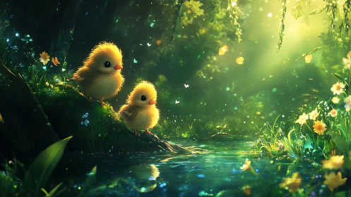 Fluffy yellow chicks beside a glowing forest pond scene.
