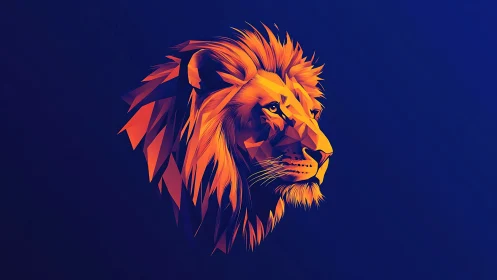 Polygonal lion blaze on midnight blue digital savanna.