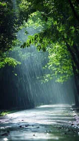 Rainfall over tree-lined path with wet reflective pavement.