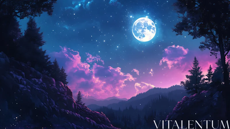 Lunar-lit conifer valley under magenta twilight cloud deck
