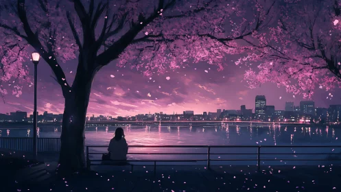 Twilight riverside skyline under luminous sakura canopy in bloom