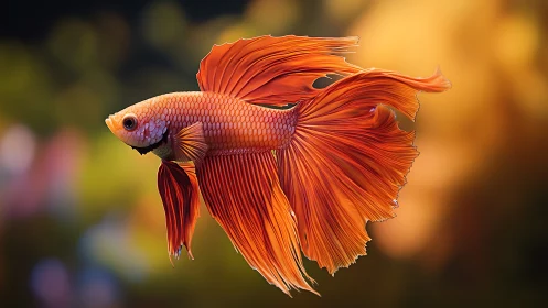 Orange betta fish profile on blurred aquatic backdrop.