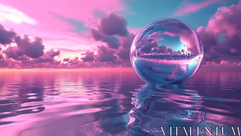 Spherical reflective object rests on calm, pink-toned water
