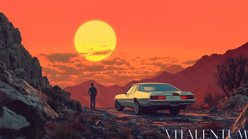 Sunset loner, vintage car and molten mountains pause time.