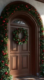 Wooden arched entry door is decorated with seasonal garlands