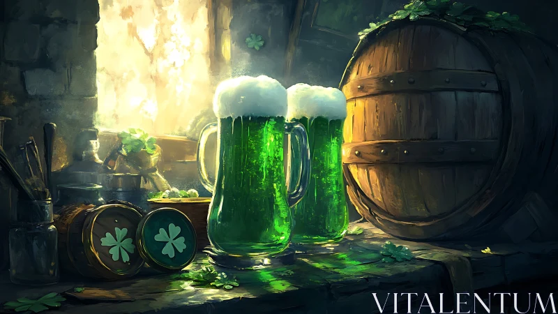Emerald tavern brews glow beside clover-kissed barrel.
