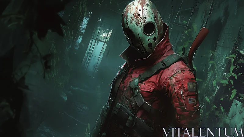 Masked soldier stalks ruined jungle corridor in fog.