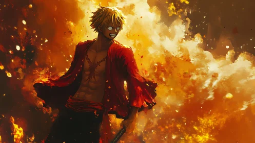 Flaming rogue in tattered crimson strides through wild firestorm