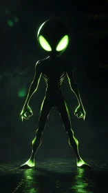 Glowing alien explorer stands ready in a misty green light