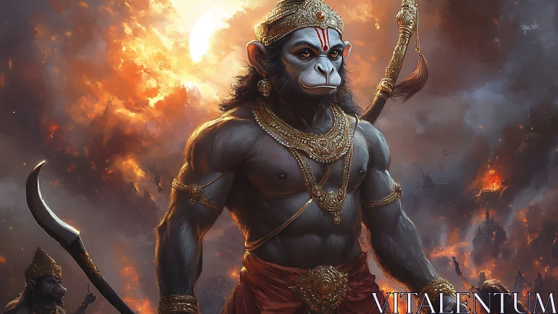 Digital painting of warrior Hanuman amid burning battlefield.