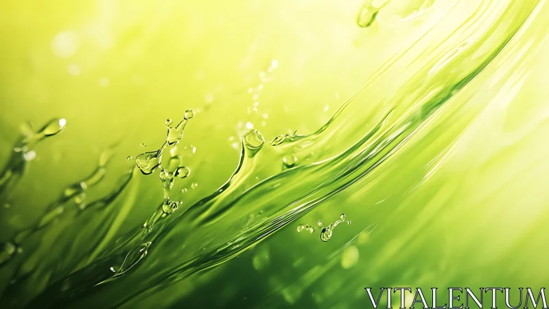 Green liquid splash in motion with bright light background.