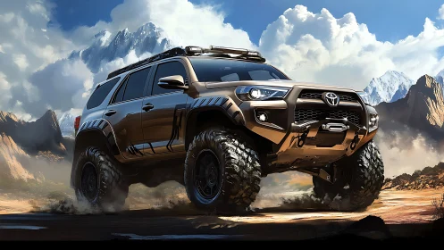 Lifted Toyota off-road SUV storms dusty alpine trail.