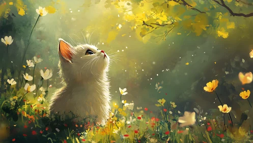Backlit kitten studies dappled sunlight in soft-focus wildflower meadow