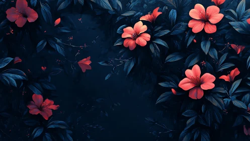 Coral flowers with blue foliage arranged on dark background