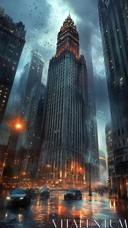 Rain-soaked skyscraper district with central lit tower.