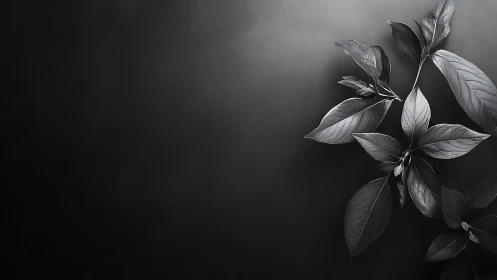 Monochrome botanical branch on gradient noir background.