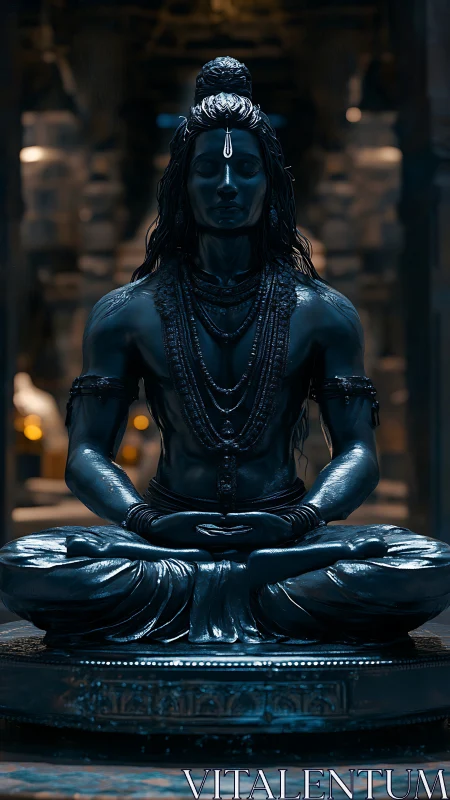 Bronze meditative deity statue sits cross-legged in shrine