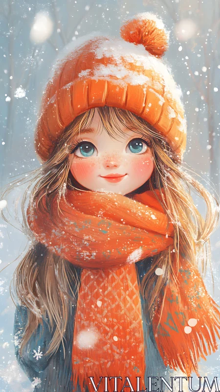 Snow-kissed girl in orange knit glows against the winter hush