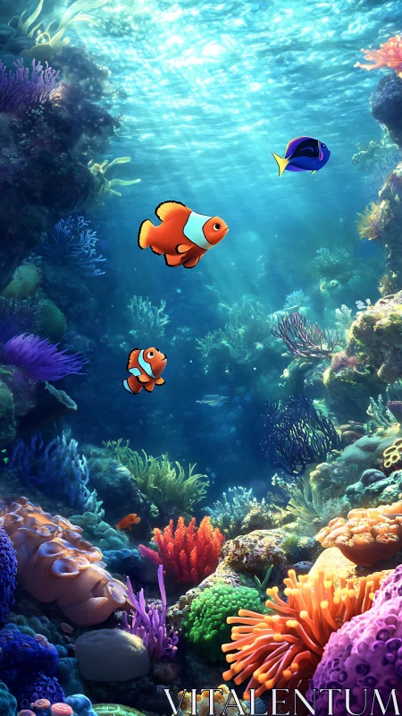 Clownfish glide through sunlit coral reef in vibrant blue sea