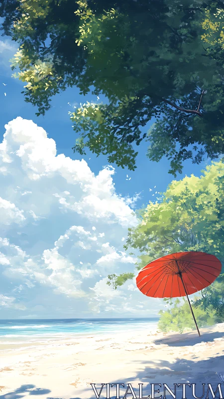 Solitary red parasol casts calm shade on a sunlit shore