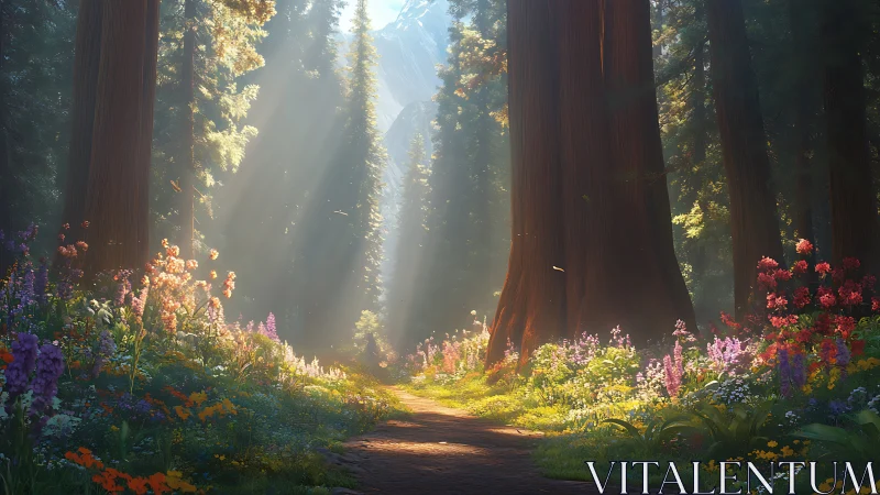 Ancient Redwood Forest Corridor with Volumetric Light and Flowering Understory.