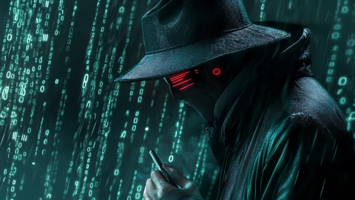 Hooded cyber figure with smartphone in digital rain field.