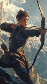 Female archer draws wooden bow against snowy mountain range