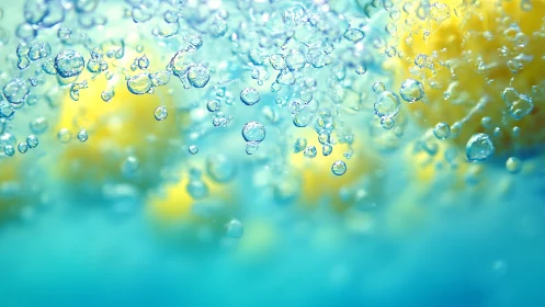 Macro water bubbles over soft yellow abstract background.