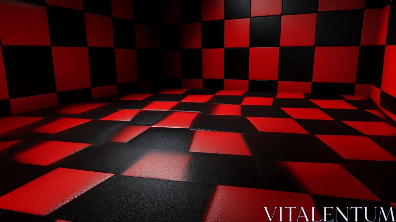 Red and black checkered 3D room with reflective tiles.
