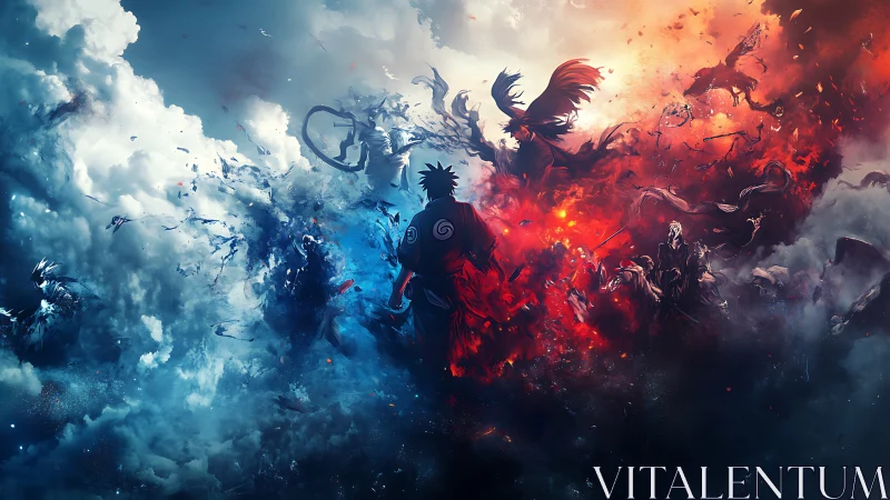 Central warrior between blue storm and red fire clash.