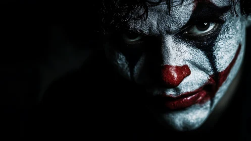 Clown-faced person stares directly into camera in low light