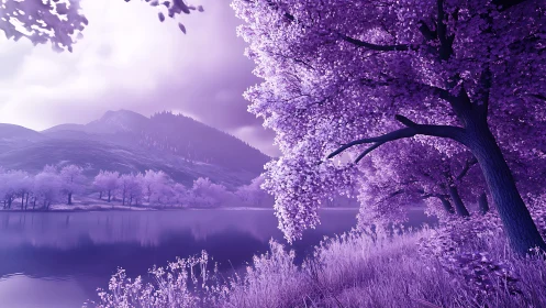 Infrared-toned lakeside trees frame distant mountain ridge