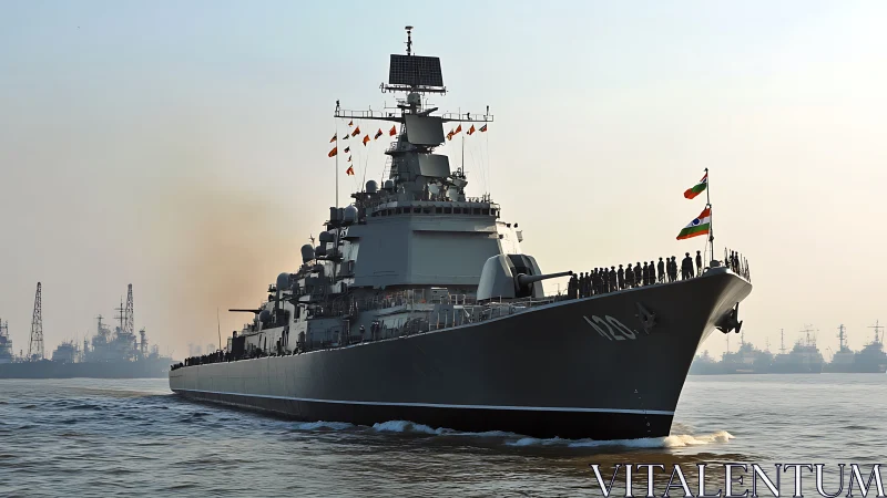 Modern naval warship advances past harbor fleet at sunrise