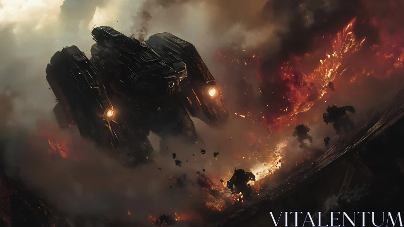 Colossal battle mech emerging from smoke and firestorm.
