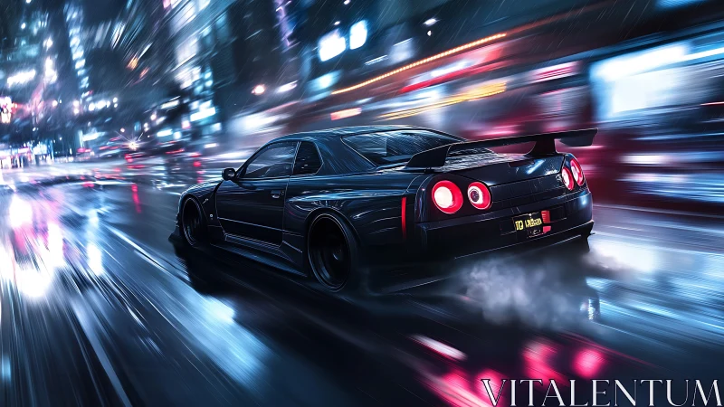 Night city street racer gliding through neon rainlights.
