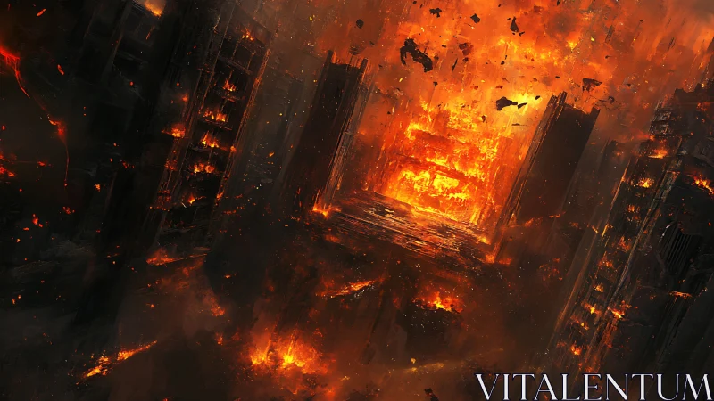 Urban megastructures collapse in infernal firestorm.